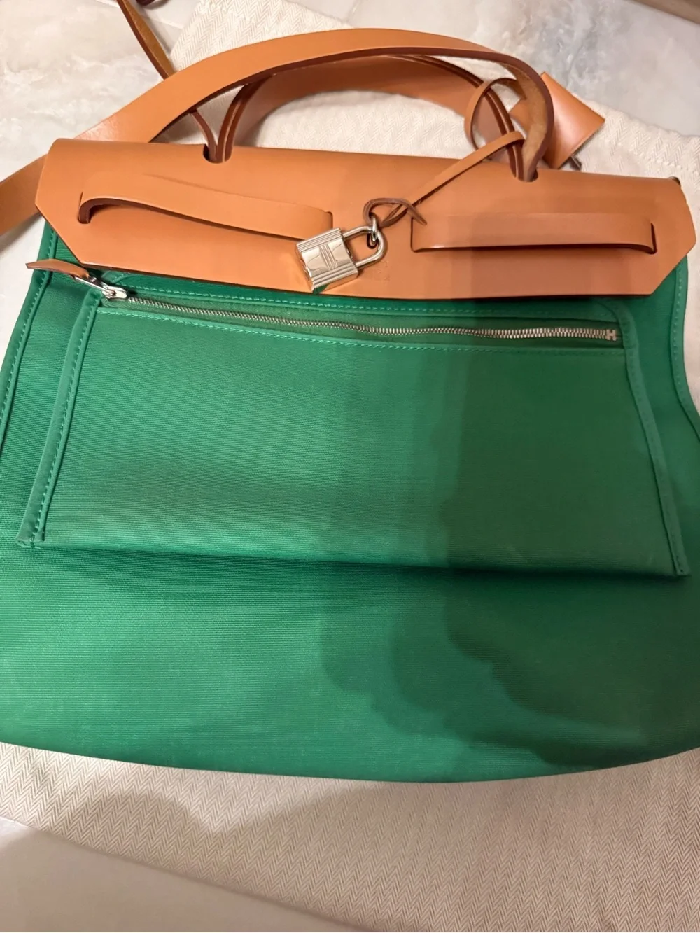 HERMES Green Canvas and Tan Leather Top-Handle Bag